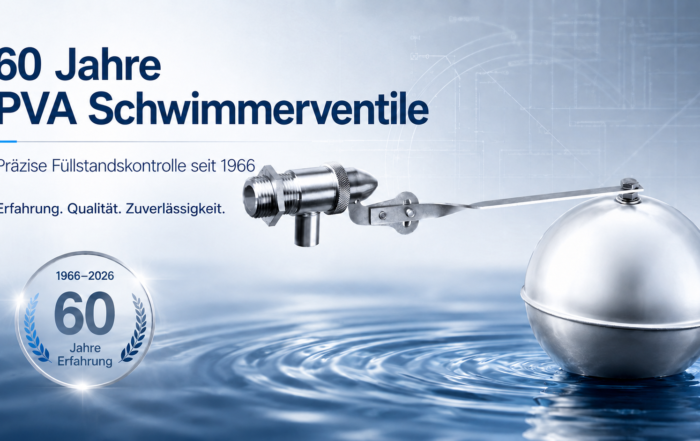 Banner celebrating 60 years of PVA Schwimmerventile with a metallic valve arm and water ripples in the background, captioned '60 Jahre PVA Schwimmerventile'.