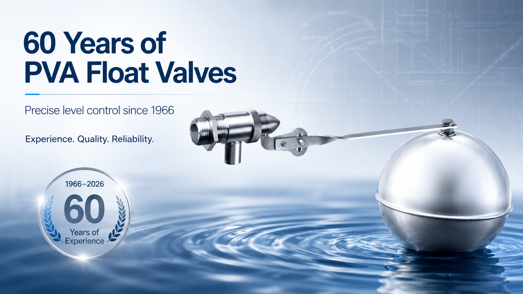 60 Jahr PVA de Banner celebrating 60 years of PVA Schwimmerventile with a metallic valve arm and water ripples in the background, captioned '60 Jahre PVA Schwimmerventile'.