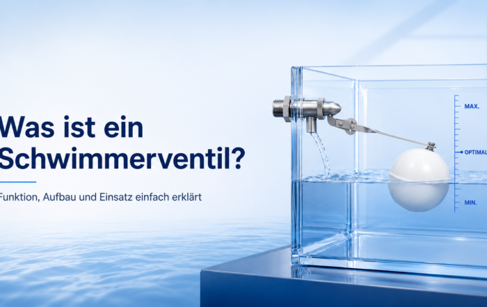 Infobanner: ‚Was ist ein Schwimmventil?‘ mit Glasbehälter und Ballventil im Wasser, daneben erklärender Text in Blau.