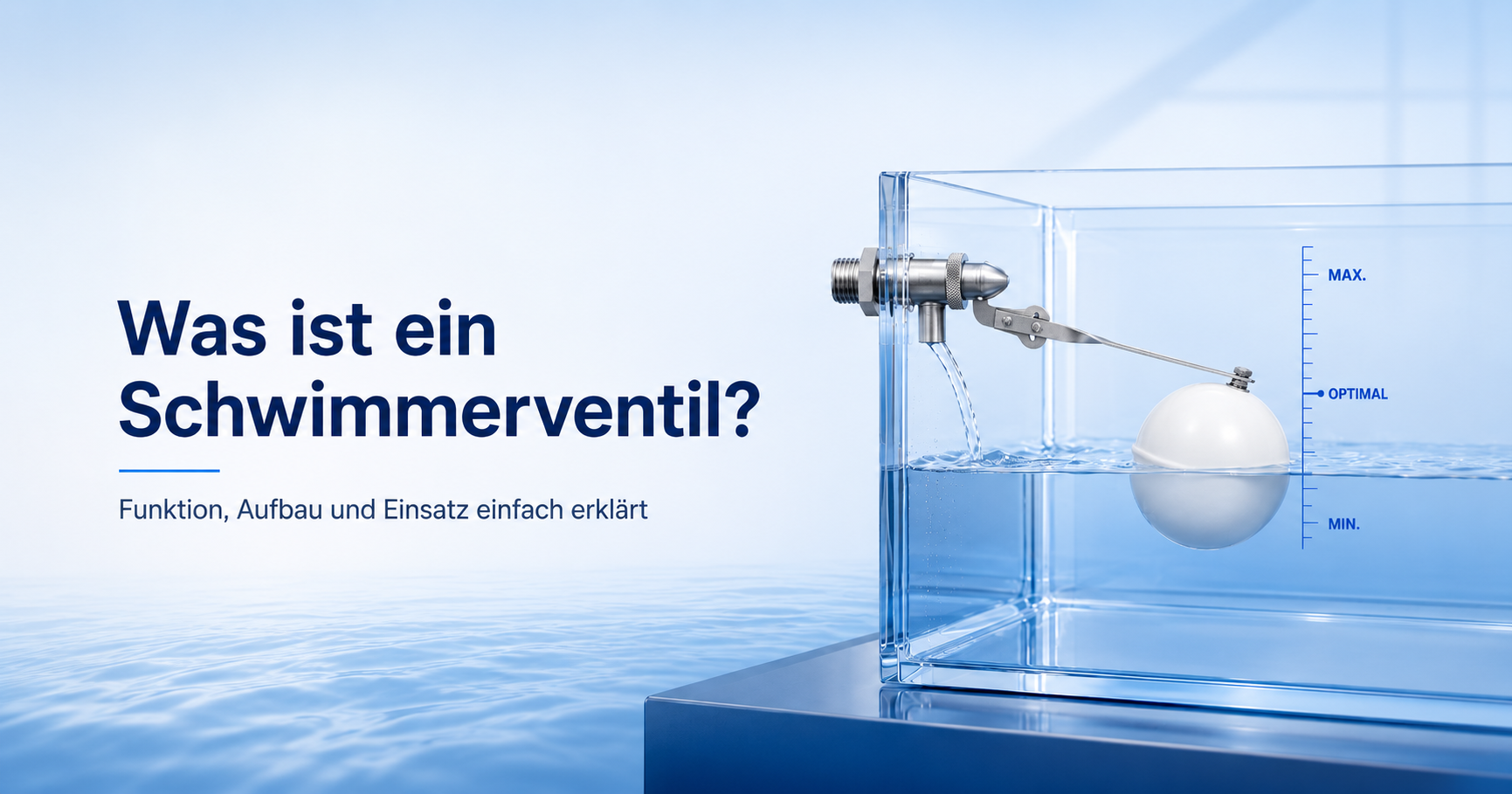Was ist ein Schwimmerventil Infobanner: ‚Was ist ein Schwimmventil?‘ mit Glasbehälter und Ballventil im Wasser, daneben erklärender Text in Blau.